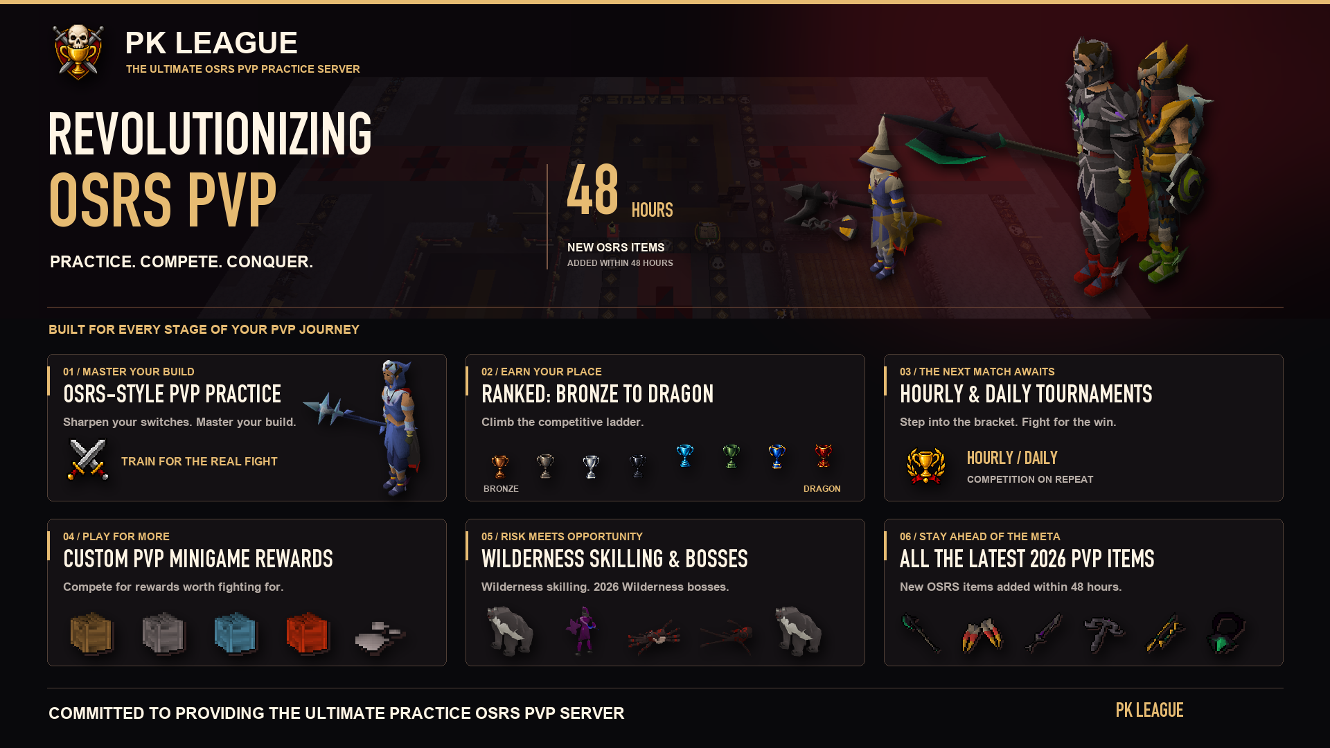 PK League overview: PvP practice, Bronze-to-Dragon ranks, tournaments, minigame rewards, Wilderness skilling and bosses, and latest PvP items.